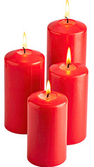 Three vibrant red pillar candles, burning brightly