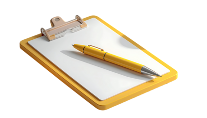 A yellow clipboard with blank paper and a yellow pen