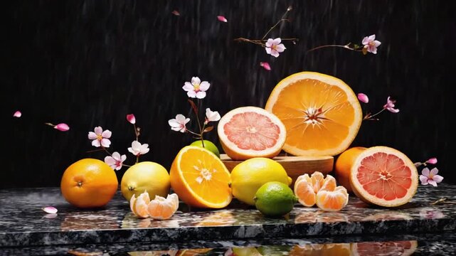 Still life of citrus fruits with orange, grapefruit, lemon, lime, and blossoms on a dark surface