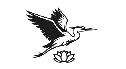 Graceful Heron in Flight with Lotus Flower.