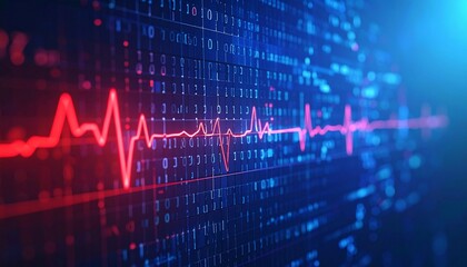 Vibrant red digital pulse wave overlays a futuristic blue data grid with abstract bokeh lights, symbolizing health technology and data. Generated image