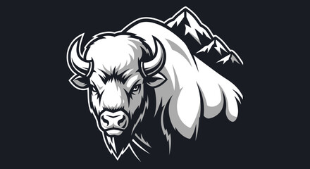 Powerful White Bison with Mountain Backdrop Vector Illustration.