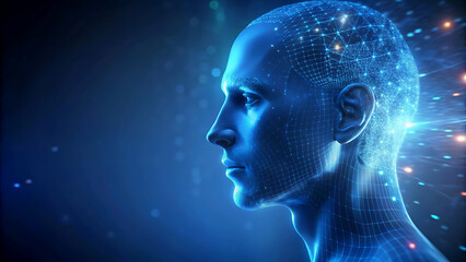 Digital human head with glowing neural network futuristic technology concept for artificial intelligence and machine learning blue background