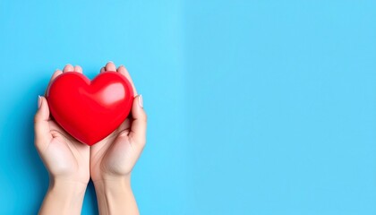 Fototapeta premium Two hands gently cup a glossy red heart against a vibrant light blue background, symbolizing love, care, and health. Generated image