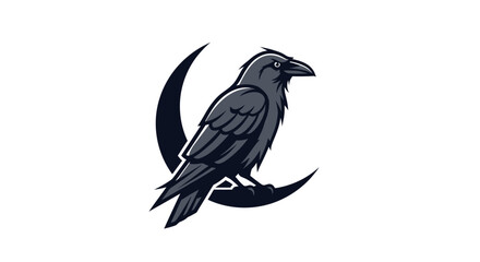Raven perched on a crescent moon illustration in a minimalist style.
