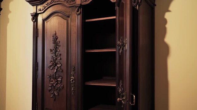 Ornate wooden armoire with carved floral details, one door open