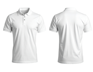 Front and back view of a blank, white polo shirt.  Short sleeves, collared, button-down style