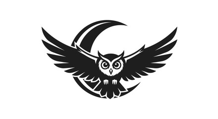 Black owl with spread wings in front of a crescent moon.