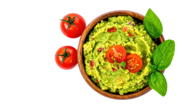 Fresh guacamole in a wooden bowl, garnished with cherry tomatoes and basil