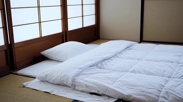A low-profile Japanese futon bed, with white linens and a traditional screen