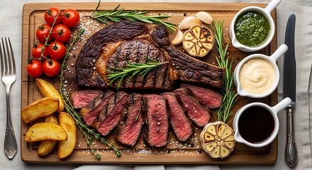 Succulent ribeye steak presentation with vibrant accompaniments and garnish