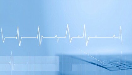A red heart model with an ECG line and a stethoscope, set against a blue medical background with a glowing heartbeat wave and icons. Generated image