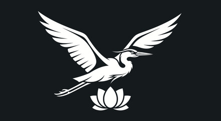 Elegant Heron in Flight Above a Lotus Flower Vector Illustration.