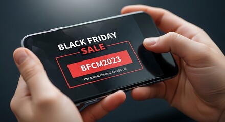 Black Friday Deal: A close-up shot of hands holding a smartphone displaying a promotional code for a Black Friday sale. The image promotes shopping