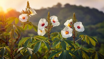 Flowers Of Abelmoschus Manihot Plant Or Sunset Hibiscus With Leaves