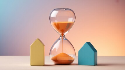 Time is running out for buying a house with hourglass and miniature house isolated on white background