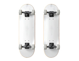 Two identical skateboards, top-down view, showing white marble-patterned decks and black trucks and wheels