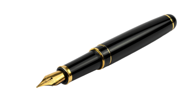 Elegant black fountain pen with gold accents, angled view