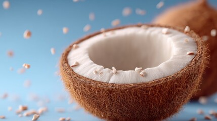Macro Shot of a Sliced Coconut with Falling Coconut Pieces on Light Blue Background in Soft Lighting, Detailed Brown Texture, Tropical Theme, Food Still Life