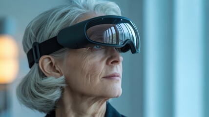 Senior woman wearing eye massager for relaxation and eye care, showcasing the use of technology for wellness and personal care