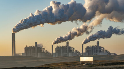Power plant with multiple smokestacks emitting plumes of smoke, a stark reminder of the environmental impact of industrial energy production