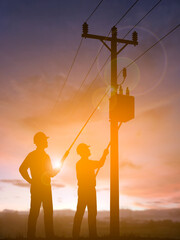 Electrical Workers Operating Power Lines with Safety Equipment