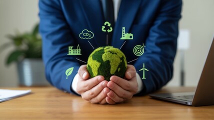 Businessman holding green earth globe in hands with environment icons concept of ecology, environmental protection, and sustainable development