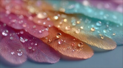 Macro Photograph of Iridescent Butterfly Wing with Water Droplets on Soft Blue Background