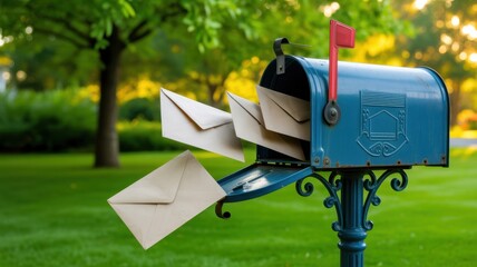 A mailbox overflowing with letters on a sunny day, symbolizing communication, delivery, and the anticipation of receiving mail in a suburban setting