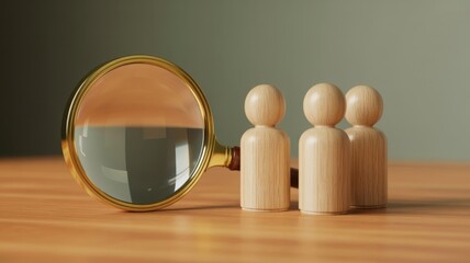 Wooden figures and magnifying glass on a table, concept of human resources and recruitment, search for employee, finding the right candidate