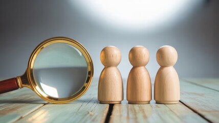 Wooden figures and magnifying glass on a table isolated on white background, concept of human resources and recruitment, search for employee