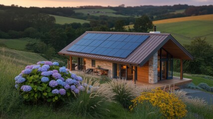 Beautiful ecofriendly house with solar panels on the roof surrounded by lush greenery at sunset in the countryside, a sustainable home