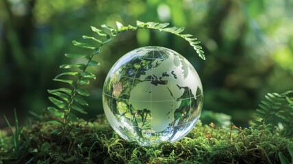 Crystal globe displaying the world map nestled among lush greenery, representing environmental consciousness and sustainable living practices