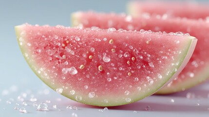 Macro Photograph of Juicy Watermelon Slices Covered in Sugar Against Pale Blue Background with Shallow Depth of Field Detailed Food Photography