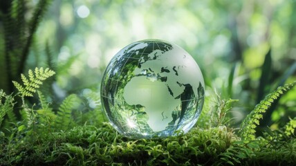 Glass globe showing the world map sitting in a lush green forest, symbolizing environmental awareness and sustainability efforts