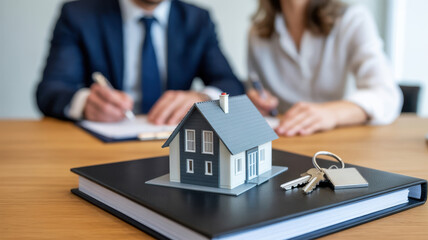 Closeup of a miniature house on a book with keys, symbolizing real estate investment and home ownership with a couple in the background