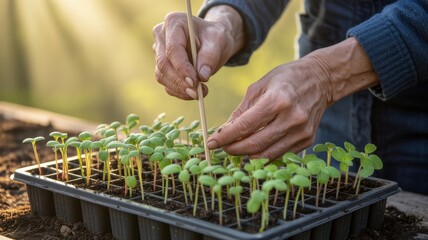Closeup of hands carefully planting seedlings in a tray, symbolizing growth, nurturing, and the beauty of new beginnings in the garden