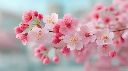 Macro Photograph of Pink Cherry Blossom Flowers on Branch in HDR Lighting with Water Droplets Against a Soft Blue Background