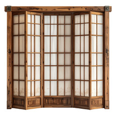 Wooden, multi-panel doors with a traditional Asian design, featuring a light-colored interior and a rich, warm wood tone