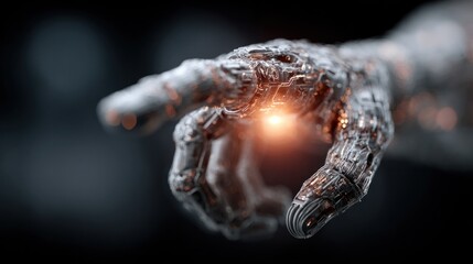 Futuristic robotic hand with glowing details, showing technology and future concepts