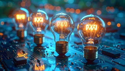 Close-up of lightbulbs with glowing filaments sit atop a circuit board, symbolizing technological innovation. The bulbs illuminate and are in focus