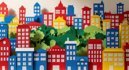 Obraz premium Colorful Paper Cityscape Model with Buildings and Green Trees in Bright Studio Setting