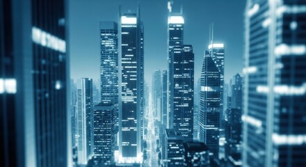 Obraz premium Futuristic Blue Cityscape Skyline Tall Skyscrapers Night View