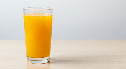Tall glass of bright orange juice on a light wooden table drink beverage