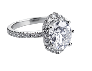 A   shot showcases a stunning diamond ring, featuring a large, brilliant-cut central gemstone surrounded by a halo of smaller diamonds.