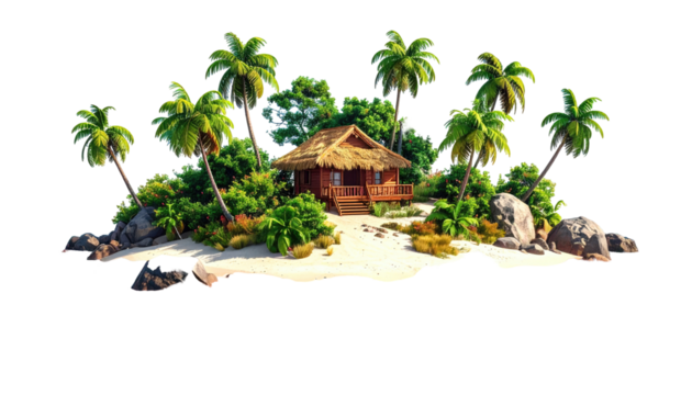 Tropical island retreat. Lush, secluded island with a small wooden hut nestled among vibrant palm trees and tropical foliage.  Sandy beach and rocks border the island
