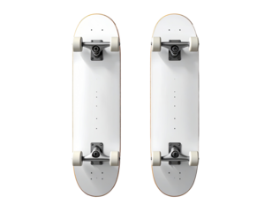 Two blank white skateboards, side-by-side, top view.  Grey trucks and wheels