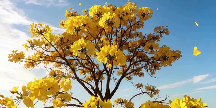 Golden Yellow Ip&ecirc; Tree Blossoms Swaying in the Breeze