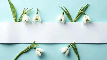 Spring floral background with snowdrop flowers and a blank white paper banner for text. Seasonal flat lay mockup.