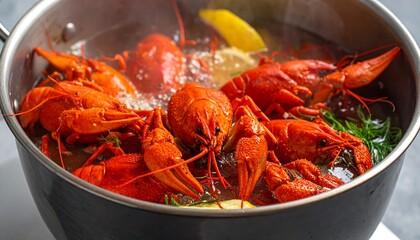 Red crayfish in a pot of boiling water